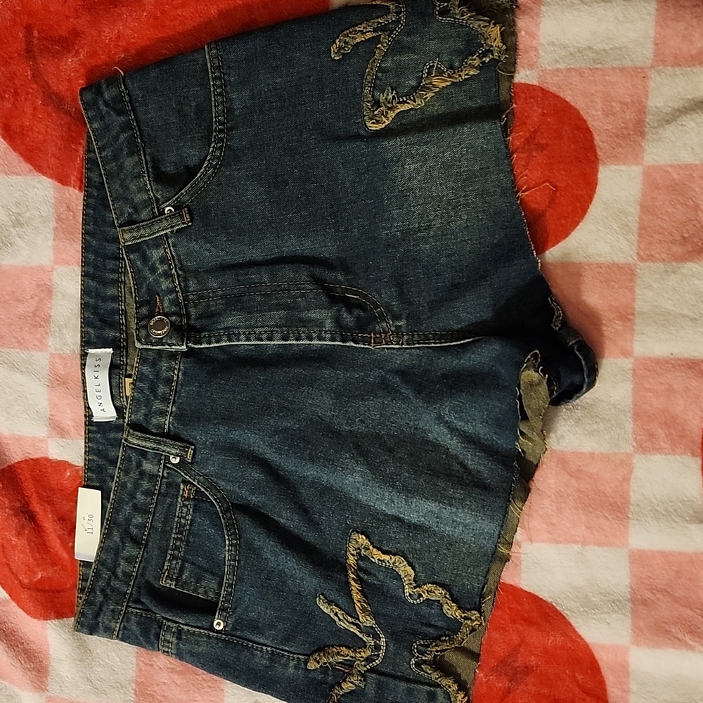 Angel Kiss Dark Blue Denim Shorts with Butterfly Detail & Drawings